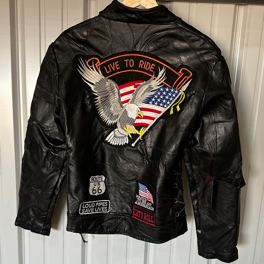 Vintage Mens Diamond Plate Buffalo Motorcycle Black Leather Patch Jacket Medium